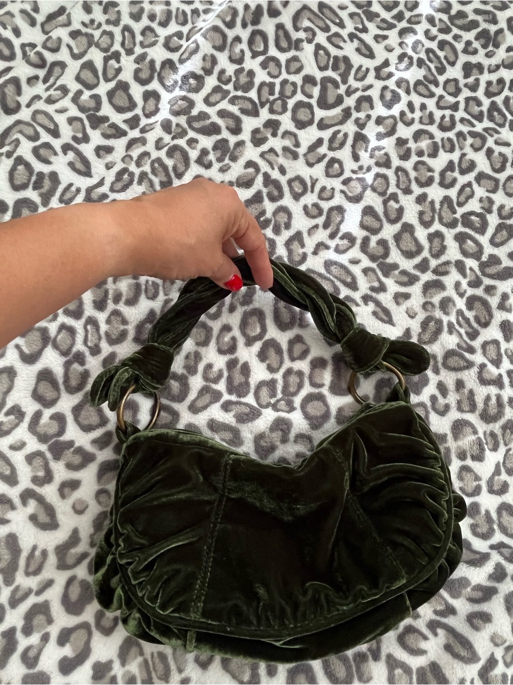 Velvet Knot-Handle Shoulder Bag - Dark Green
